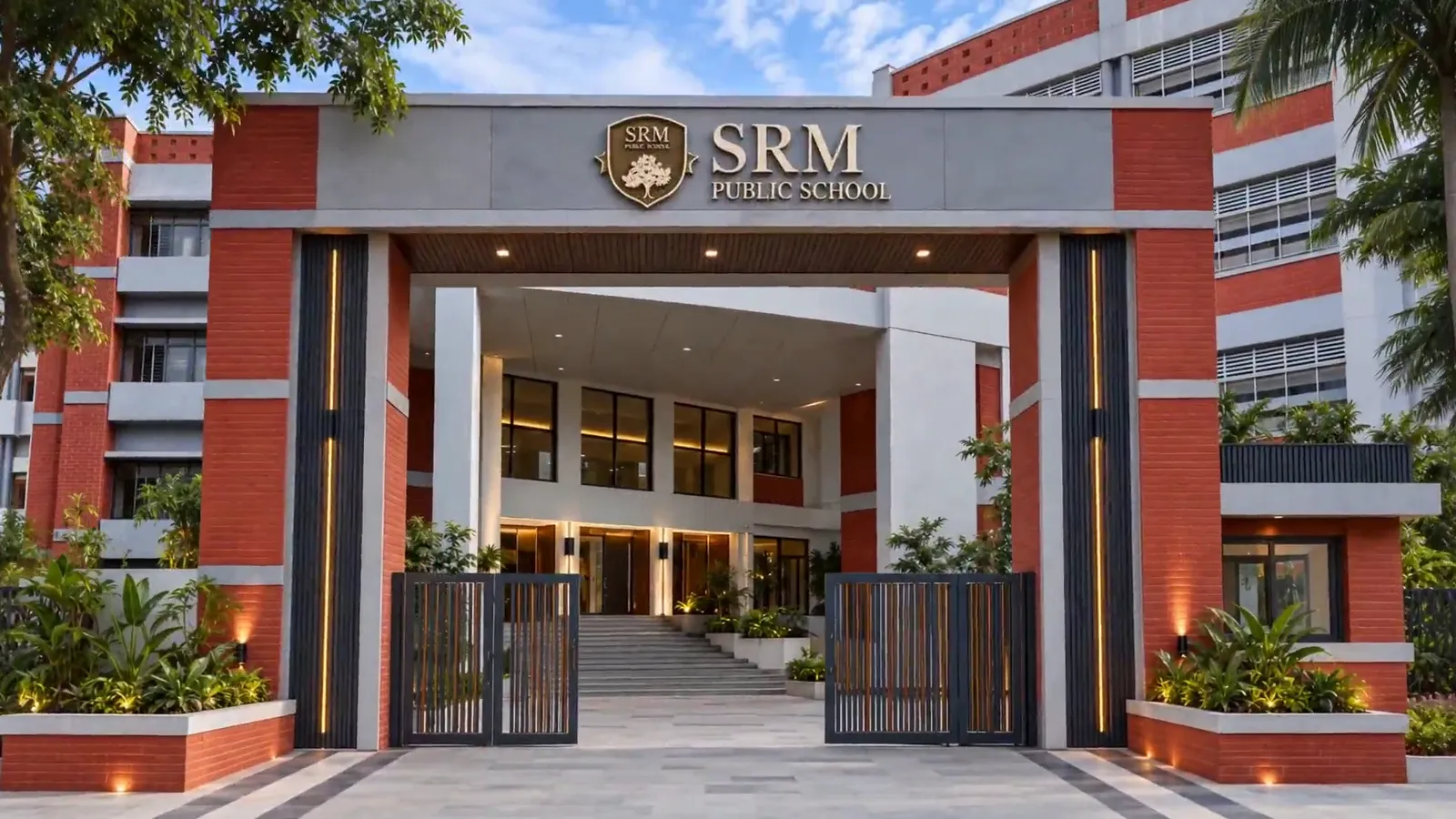 The school entrance gate with the SRM crest above it